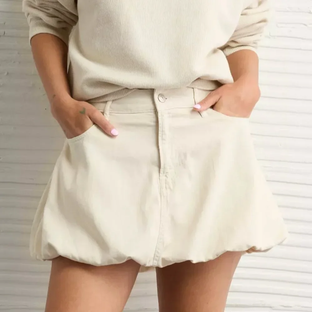 American Eagle Skort Stretch Bubble Mini Mid-Rise Skirt in Cream Beige Size 10 - Picture 9 of 11